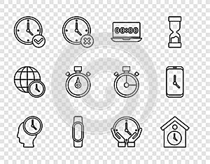 Set line Time Management, Retro wall watch, Clock on laptop, Smartwatch, Stopwatch, and Alarm clock app mobile icon