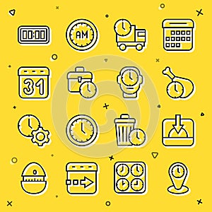 Set line Time zone clocks, Sunset, Food time, Delivery truck and, Work, Calendar, Digital alarm and Clock icon. Vector