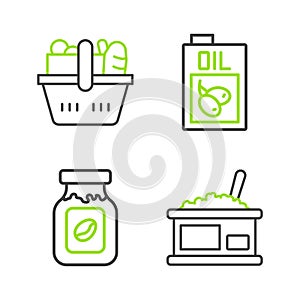 Set line Tin can with caviar, Coffee jar bottle, Bottle olive oil and Shopping basket and food icon. Vector