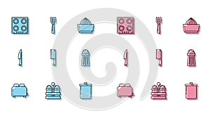 Set line Toaster with toasts, Salt and pepper, Gas stove, Cooking pot, Meat chopper, Knife and Fork icon. Vector