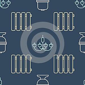 Set line Toilet bowl, Heating radiator and Chandelier on seamless pattern. Vector