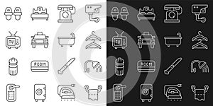 Set line Toilet paper roll, Shower head, Hanger wardrobe, Telephone handset, Taxi car, Retro tv, Hotel slippers and