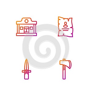 Set line Tomahawk axe, Dagger, Wild west saloon and Wanted western poster. Gradient color icons. Vector