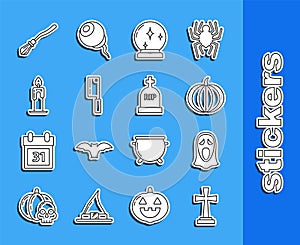 Set line Tombstone with cross, Funny and scary ghost mask for Halloween, Pumpkin, Magic ball, Meat chopper, Burning