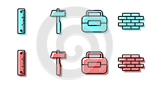Set line Toolbox, Ruler, Hammer and Bricks icon. Vector