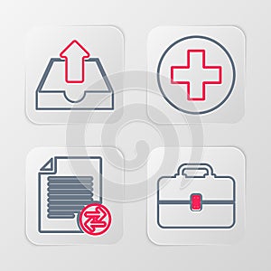 Set line Toolbox, Transfer files, Medical cross in circle and Upload inbox icon. Vector