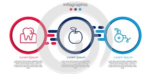 Set line Tooth with caries, Apple and Wheelchair. Business infographic template. Vector