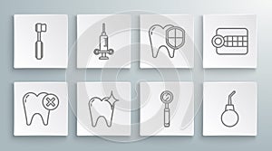 Set line Tooth with caries, Dental medical syringe, whitening concept, inspection mirror, Enema pear, protection