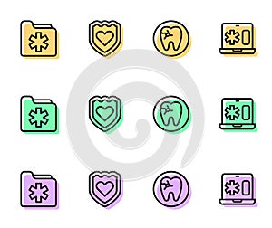 Set line Tooth with caries, Medical health record folder, Immune system and Clinical on laptop icon. Vector