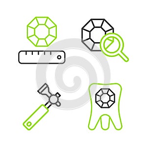 Set line Tooth with diamond, Jewelers lupe, Gem stone and icon. Vector