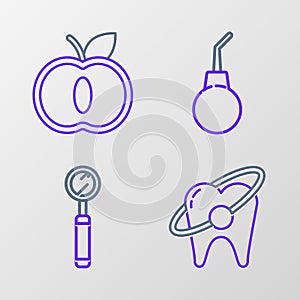 Set line Tooth whitening concept, Dental inspection mirror, Enema pear and Apple icon. Vector