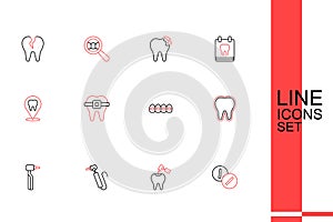 Set line Toothache painkiller tablet, with caries and drill, Teeth braces, and Dental clinic location icon. Vector