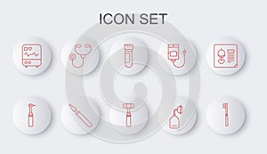 Set line Toothbrush, drill, Test tube with blood, Medical oxygen mask, Monitor cardiogram, Stethoscope, surgery scalpel