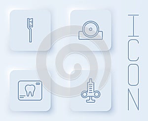 Set line Toothbrush, Otolaryngological head reflector, X-ray of tooth and Syringe. White square button. Vector