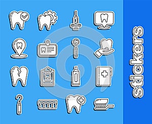 Set line Toothbrush with toothpaste, Clipboard dental card, Dental medical syringe, Id, clinic location, whitening