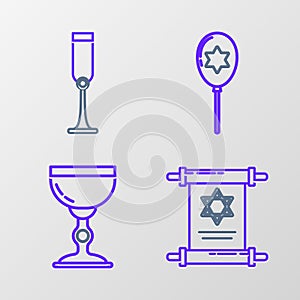 Set line Torah scroll, Jewish goblet, Balloons with ribbon with star of david and icon. Vector