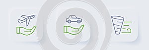 Set line Tornado, Car insurance and Plane hand icon. Vector