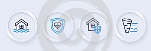 Set line Tornado, House with shield, Life insurance and flood icon. Vector