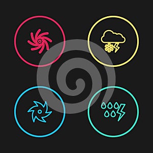 Set line Tornado, Storm, Cloud with snow and lightning and icon. Vector