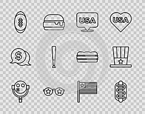 Set line Tourist binoculars, Hotdog sandwich, USA Independence day, Glasses with stars, American Football ball, Baseball