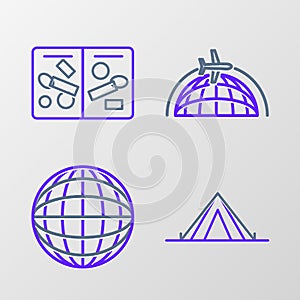 Set line Tourist tent, Earth globe, Globe with flying plane and Passport pages visa stamps icon. Vector