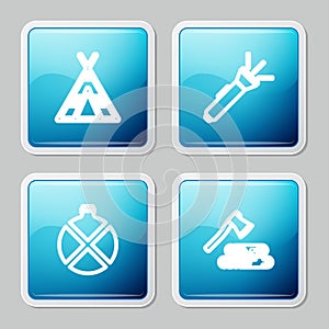 Set line Tourist tent, Flashlight, Canteen water bottle and Wooden axe and wood icon. Vector