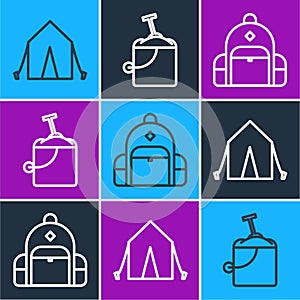 Set line Tourist tent, Hiking backpack and Sand in bucket with shovel icon. Vector