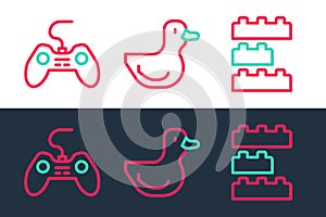 Set line Toy building block bricks, Gamepad and Rubber duck icon. Vector