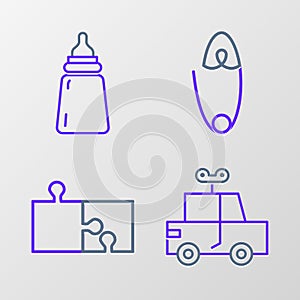 Set line Toy car, Piece of puzzle, Classic steel safety pin and Baby bottle icon. Vector