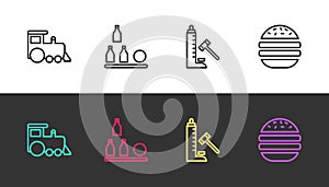 Set line Toy train, Bottles ball, Striker attraction with hammer and Burger on black and white. Vector
