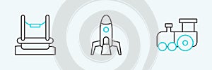 Set line Toy train, Bungee and Rocket ship icon. Vector