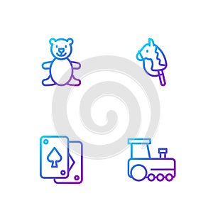 Set line Toy train, Playing cards, Teddy bear plush toy and horse. Gradient color icons. Vector