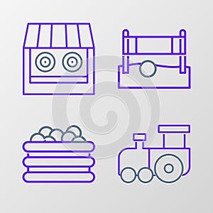 Set line Toy train, Pool with balls, Volleyball net and Shooting gallery icon. Vector