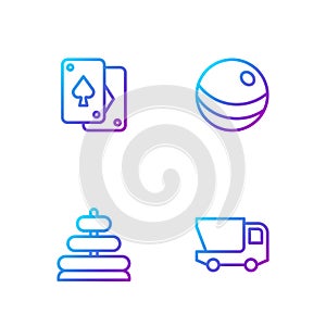 Set line Toy truck, Pyramid toy, Playing cards and Beach ball. Gradient color icons. Vector