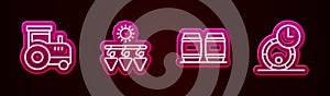 Set line Tractor, Drying grapes, Wooden barrel for wine and . Glowing neon icon. Vector