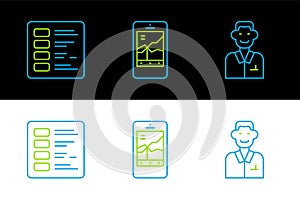 Set line Trader, Business finance report and Mobile stock trading icon. Vector