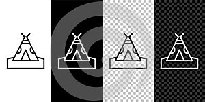 Set line Traditional indian teepee or wigwam icon isolated on black and white background. Indian tent. Vector