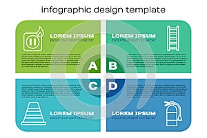 Set line Traffic cone, Electric wiring of socket in fire, Fire extinguisher and Fire escape. Business infographic