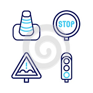 Set line Traffic light, Uneven road ahead sign, Stop and cone icon. Vector