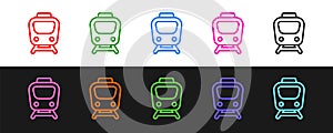 Set line Train icon isolated on black and white background. Public transportation symbol. Subway train transport. Metro