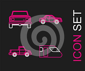 Set line Train, Pickup truck, Sedan car and Off road icon. Vector