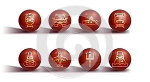 Set line Train and railway, Traffic cone, Parking, Plane, Car, Cargo ship and Submarine icon. Vector