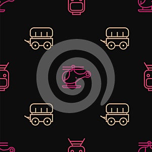 Set line Train and railway, Wild west covered wagon and Helicopter on seamless pattern. Vector