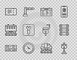 Set line Train ticket, traffic light, station board, clock, Repair of railway, Cargo train wagon and Railway, railroad