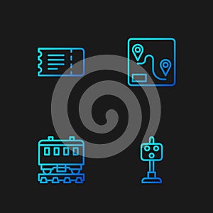 Set line Train traffic light, Passenger train cars, ticket and Route location. Gradient color icons. Vector