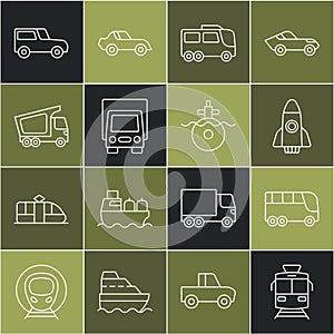 Set line Tram and railway, Bus, Rocket ship, Delivery cargo truck, Car and Submarine icon. Vector