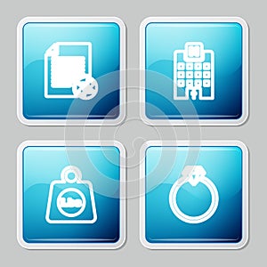 Set line Transfer files, Medical hospital building, Weight pounds and Diamond engagement ring icon. Vector