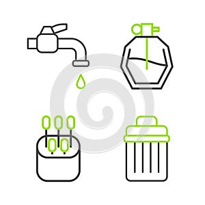 Set line Trash can, Cotton swab for ears, Perfume and Water tap icon. Vector