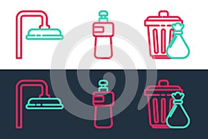 Set line Trash can and garbage bag, Shower head and Dishwashing liquid bottle icon. Vector