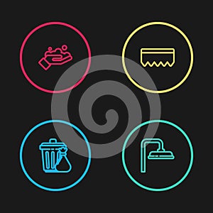 Set line Trash can and garbage bag, Shower head, Sponge with bubbles and Washing hands soap icon. Vector